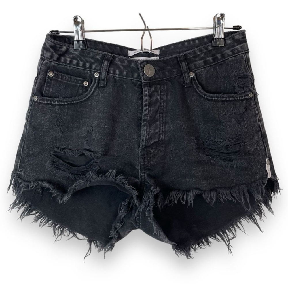 One Teaspoon Hawks High Rise Relaxed Denim Shorts Black Distressed